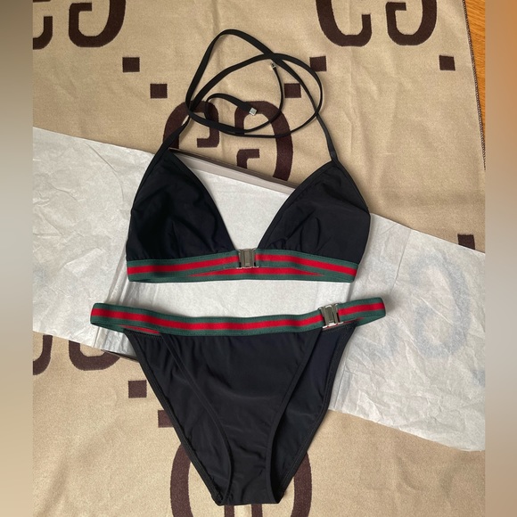 LAST DAY! AUTHENTIC GUCCI TWO PIECE VINTAGE BLACK BIKINI WITH WEB ACCENT - Picture 1 of 10